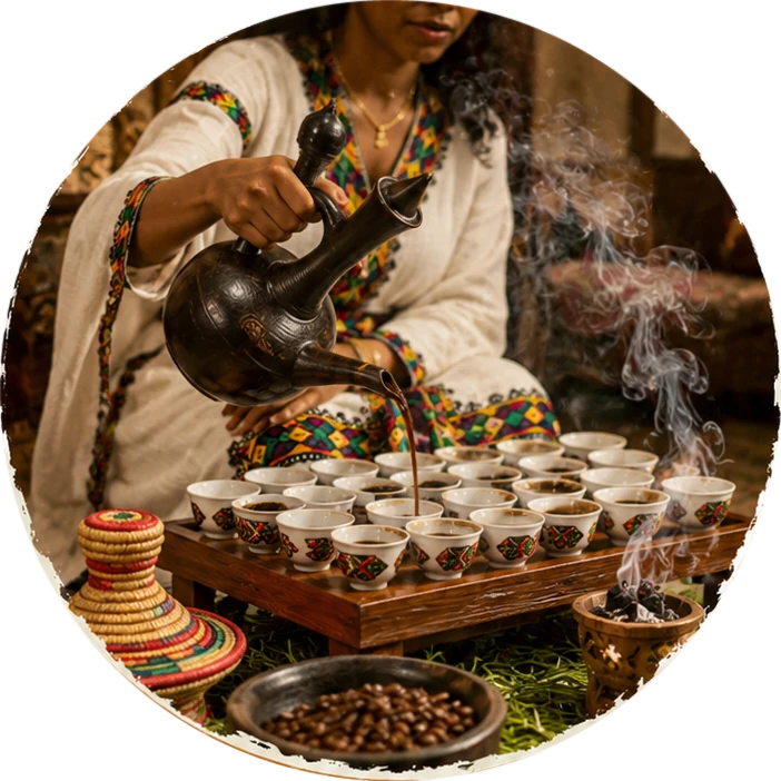 Donna etiope in abito tradizionale versa il caffè dalla Jebena nelle tazzine durante la cerimonia del Bunna