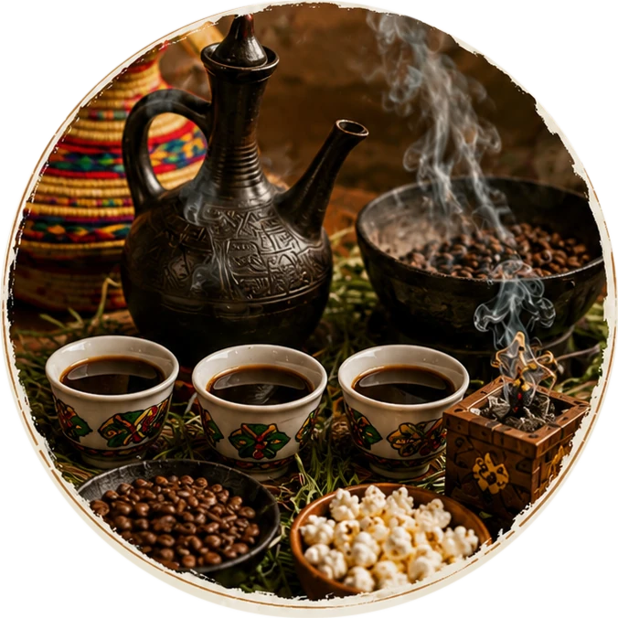 Jebena, tazzine decorate, chicchi di caffè, popcorn e incenso della cerimonia del Bunna